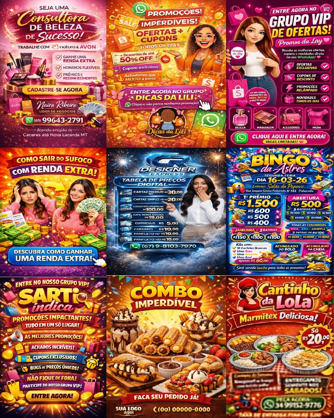 Mosaico 3x3 de flyers promocionales generados con IA — todos distintos, todos iguales